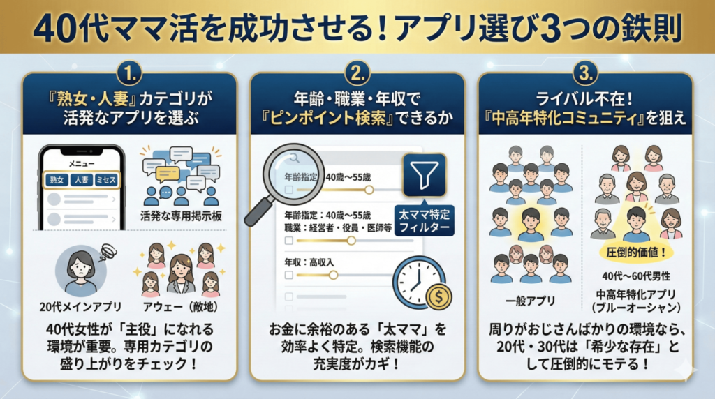 40代ママを探すならココ!アプリ選びの3つの基準【深掘り解説】